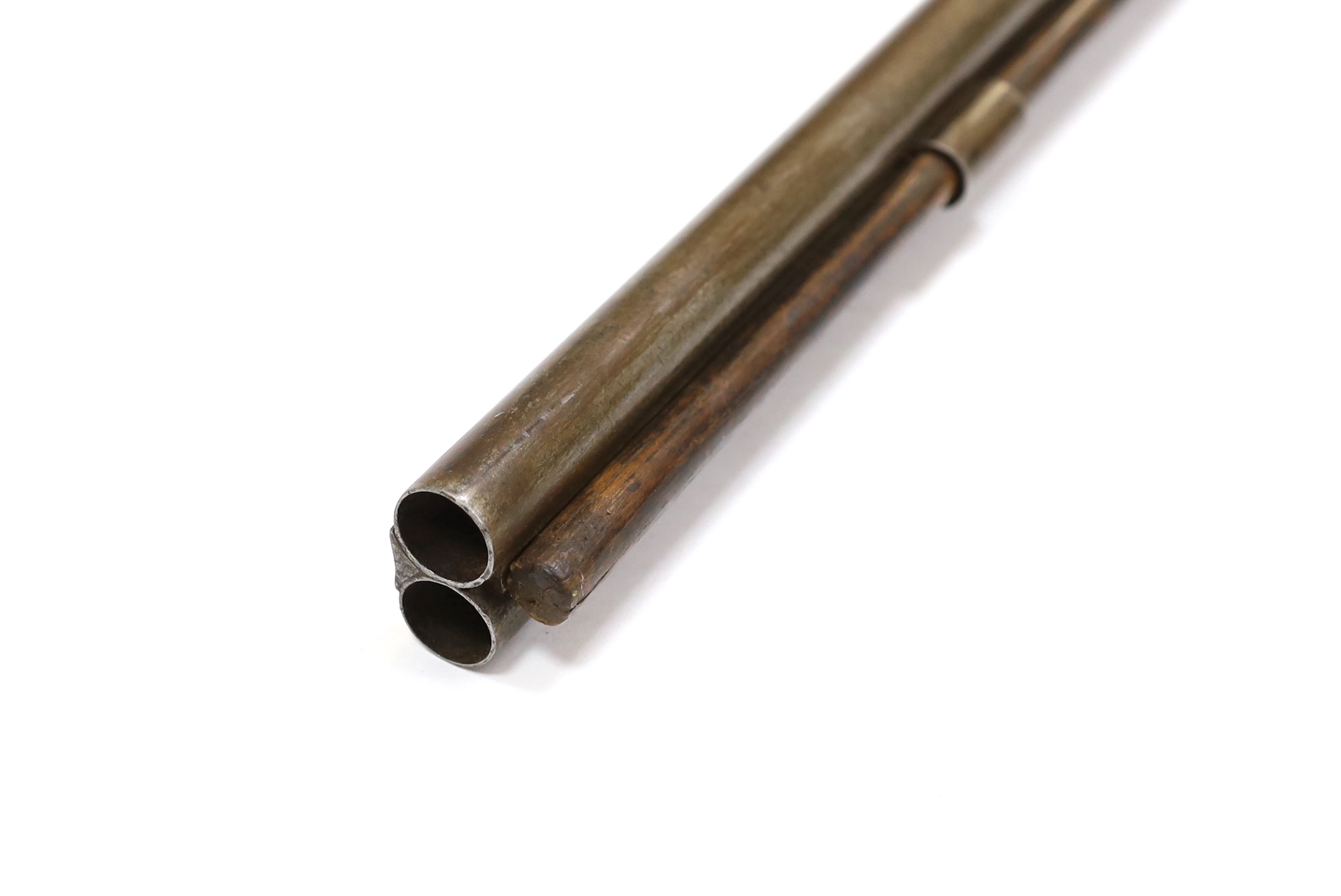 A 14 bore double-barrelled, side-by-side muzzle loading percussion shotgun, back action locks, circa 1850, barrel 77.5cm